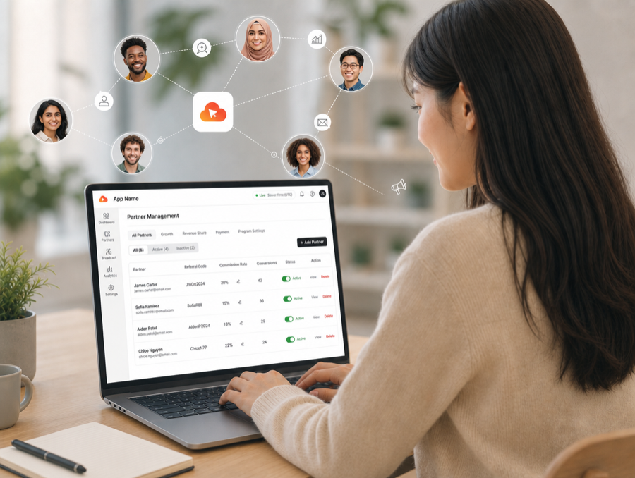 Promo partner management dashboard — manage partners, referral codes, commissions, conversions, and status at a glance